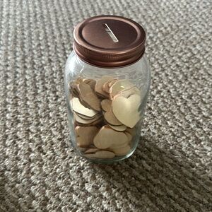 NWOT Glass Mason Jar with Heart Wood Chips